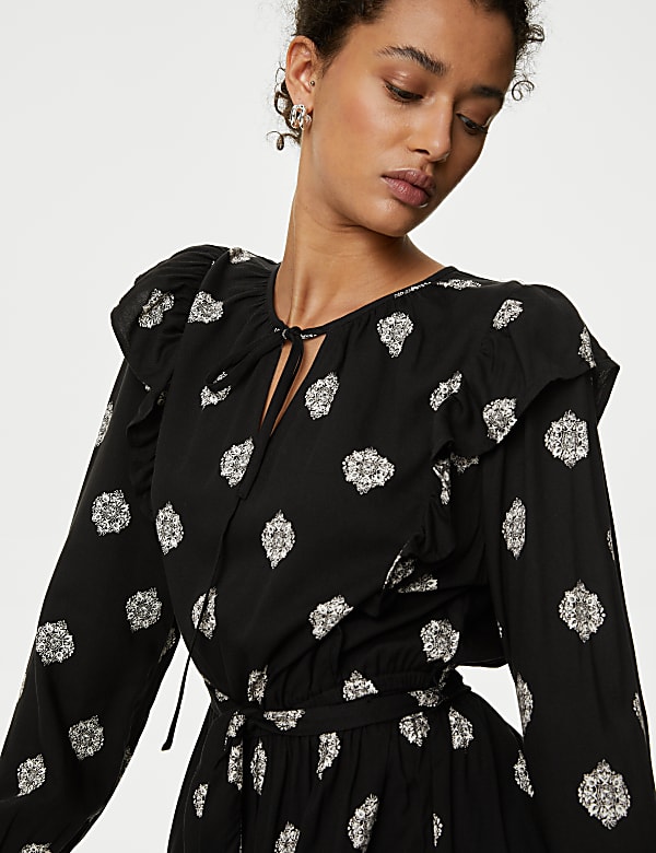 Printed V-Neck Ruffle Mini Waisted Dress