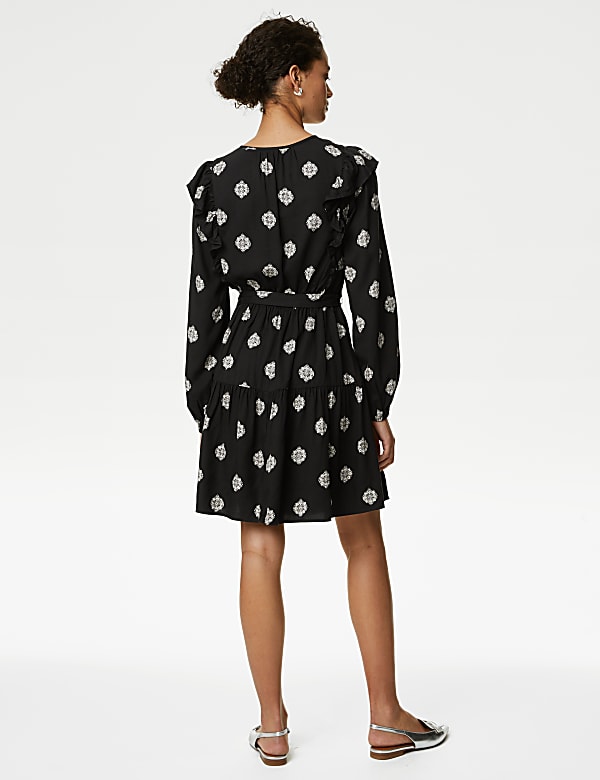 Printed V-Neck Ruffle Mini Waisted Dress