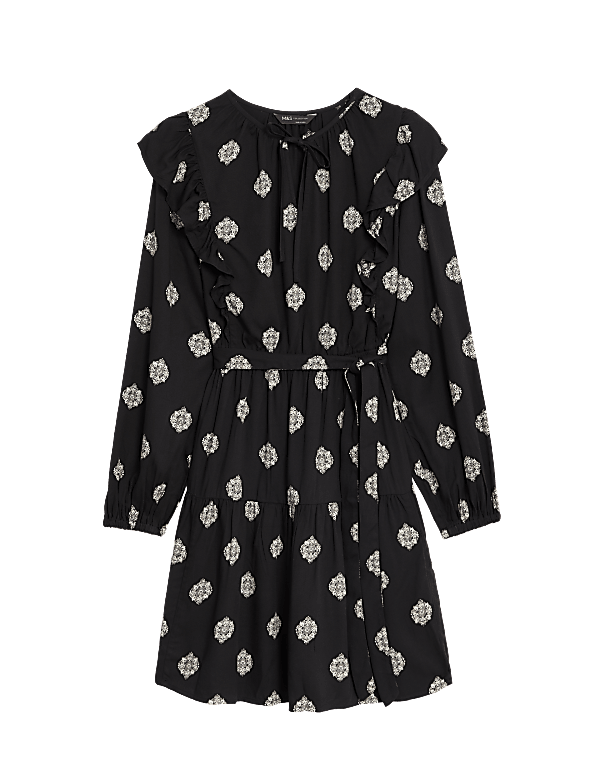 Printed V-Neck Ruffle Mini Waisted Dress