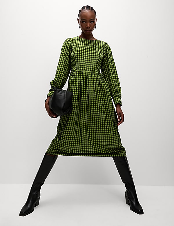 Pure Cotton Checked Midi Waisted Dress