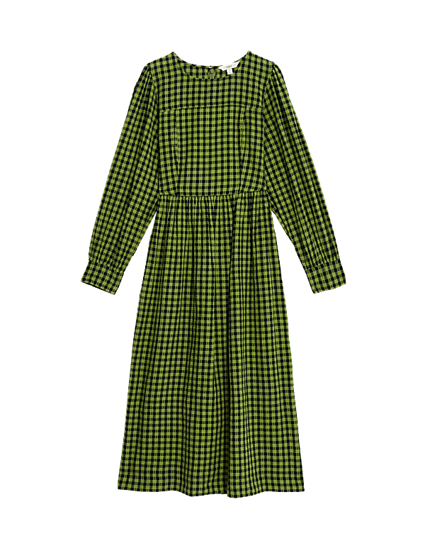 Pure Cotton Checked Midi Waisted Dress