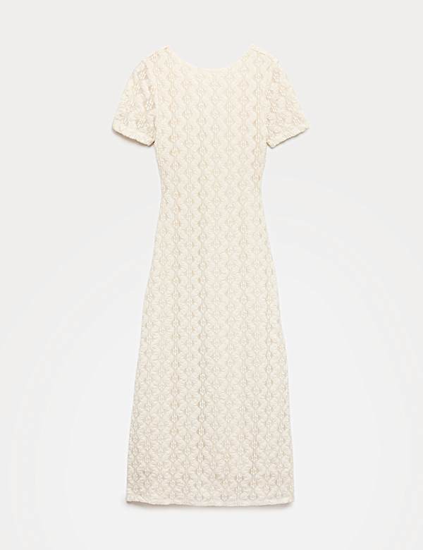 שמלת מידי תחרה מבד ג'רסי בגזרה ישרה וצמודה עם מחשוף עגול - IL