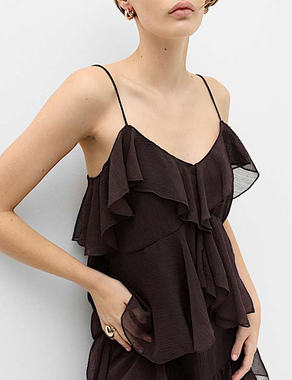 Chiffon V-Neck Ruffle Mini Cami Dress - LU