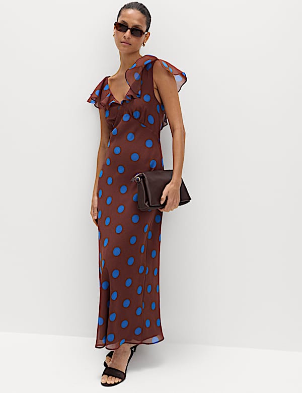 Polka Dot V-Neck Frill Sleeve Midi Column Dress | BROWN MIX | Dresses