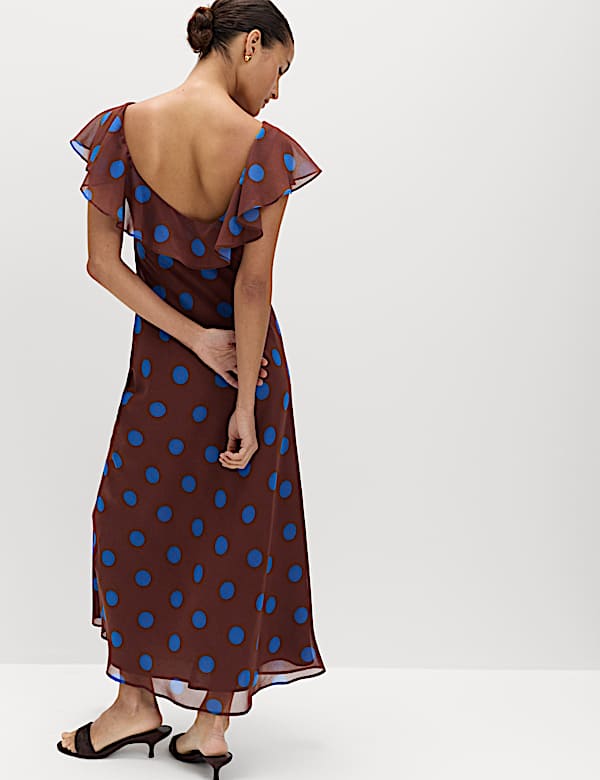 Polka Dot V-Neck Frill Sleeve Midi Column Dress - RS