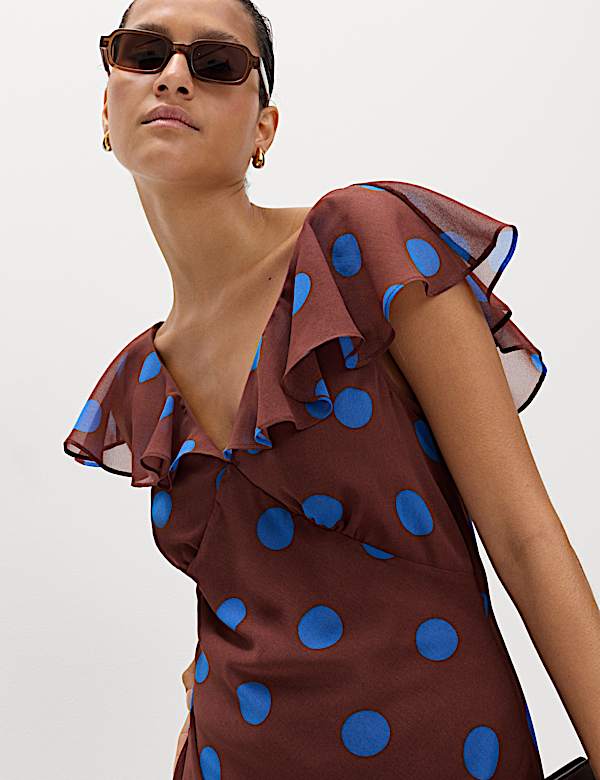 Polka Dot V-Neck Frill Sleeve Midi Column Dress - RS