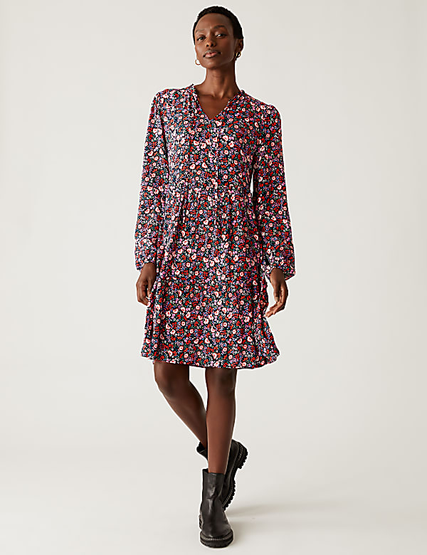 Printed Tie Neck Tiered Dress