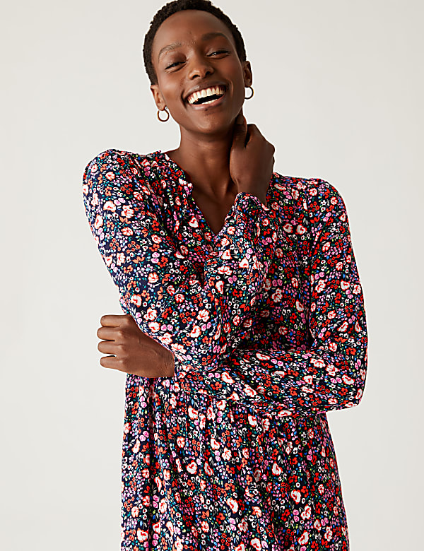 Printed Tie Neck Tiered Dress