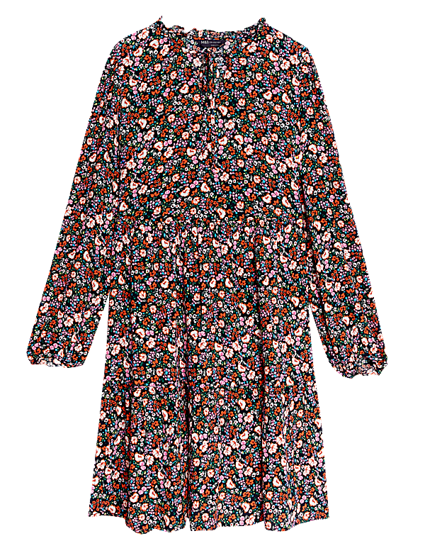 Printed Tie Neck Tiered Dress