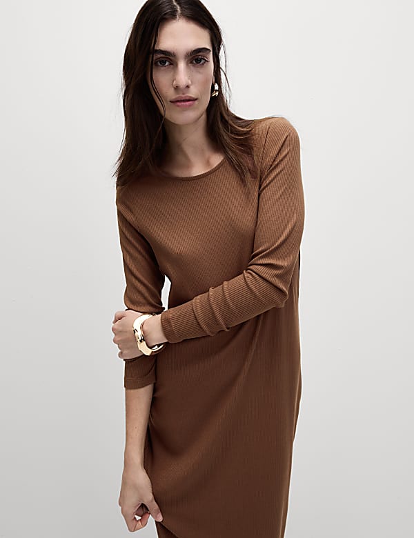 Cotton Blend Round Neck Midi Column Dress
