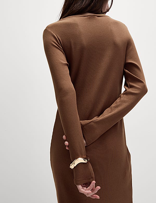 Cotton Blend Round Neck Midi Column Dress