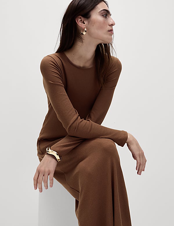 Cotton Blend Round Neck Midi Column Dress