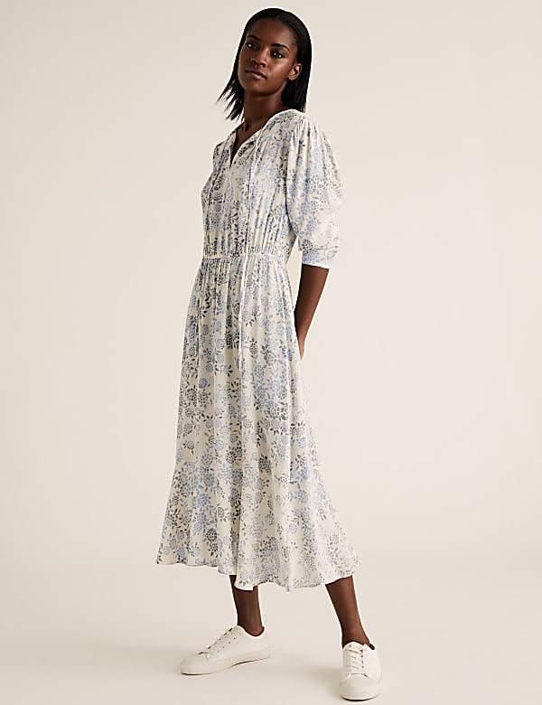 Floral Tie Neck Midi Waisted Dress