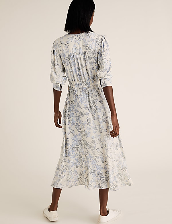 Floral Tie Neck Midi Waisted Dress
