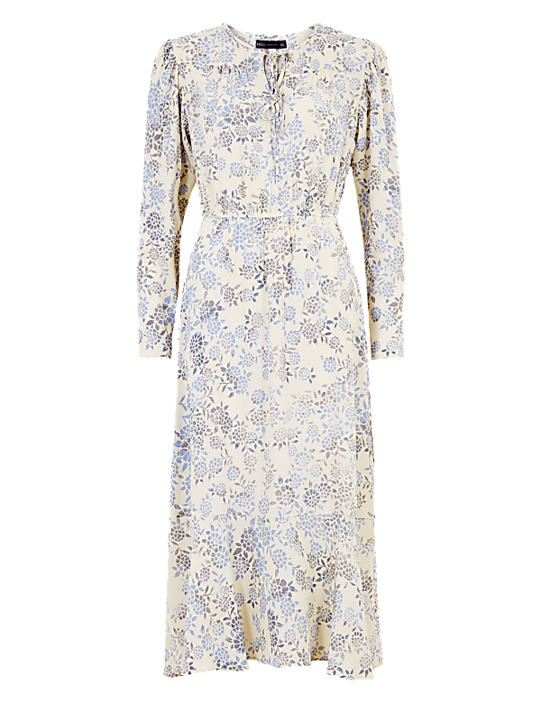 Floral Tie Neck Midi Waisted Dress