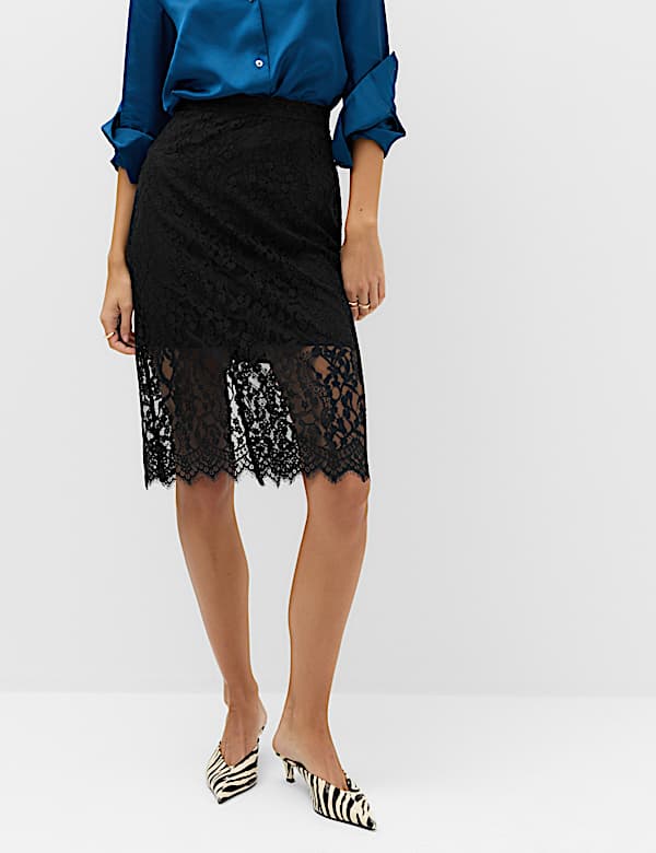 Cotton Blend Lace Knee Length Pencil Skirt - TW