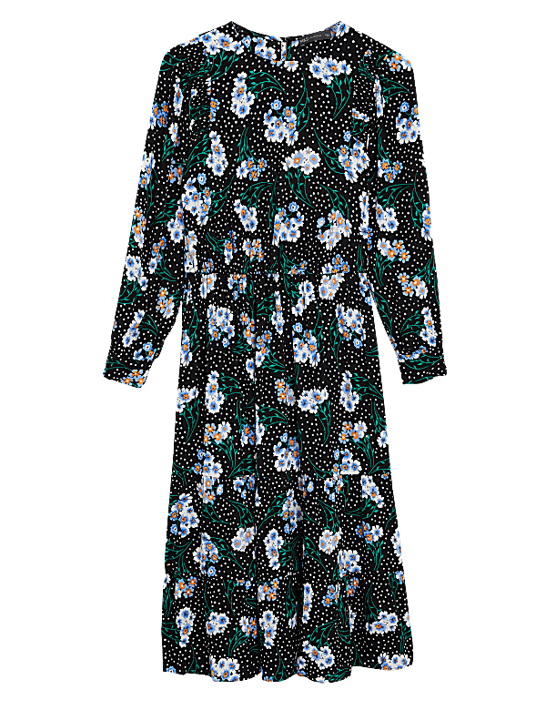 Floral Round Neck Midi Waisted Dress
