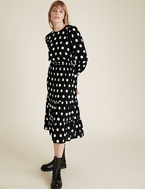 Polka Dot Round Neck Midi Waisted Dress