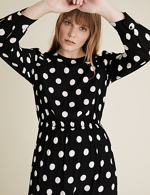 Polka Dot Round Neck Midi Waisted Dress