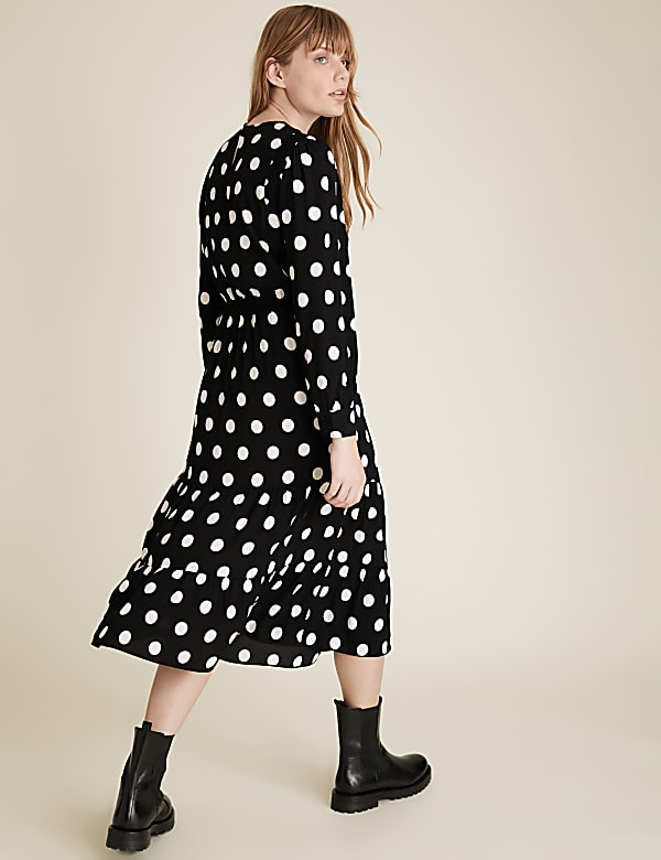 Polka Dot Round Neck Midi Waisted Dress