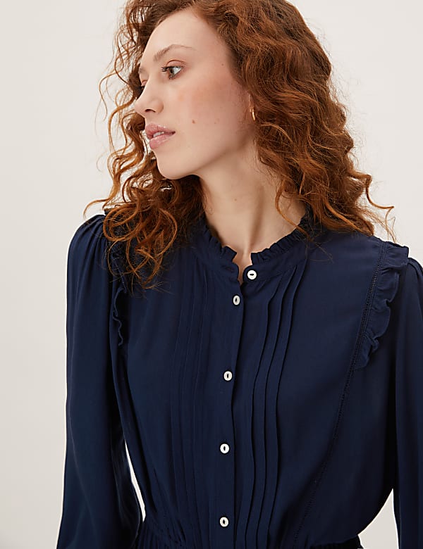 Pintuck Button Front Midi Waisted Dress