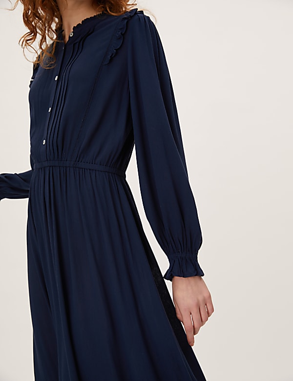 Pintuck Button Front Midi Waisted Dress