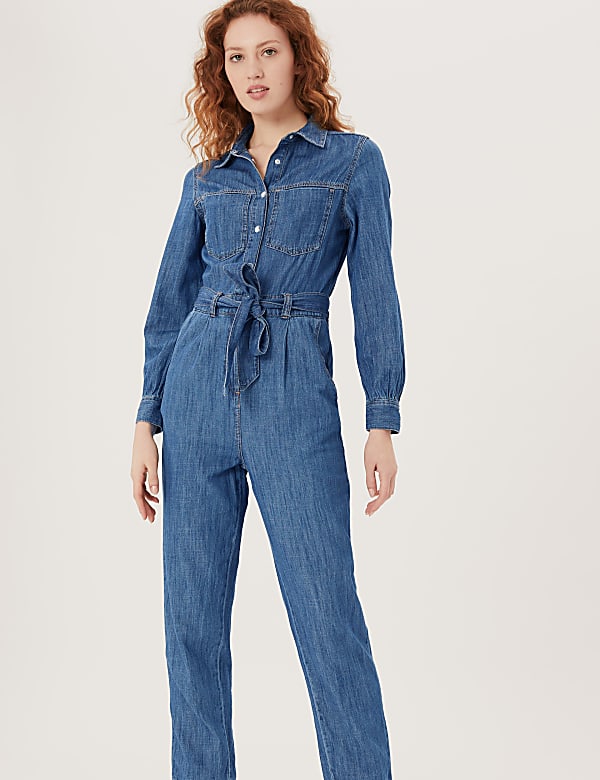 Denim Belted Long Sleeve Jumpsuit
