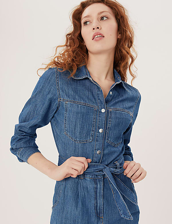 Denim Belted Long Sleeve Jumpsuit