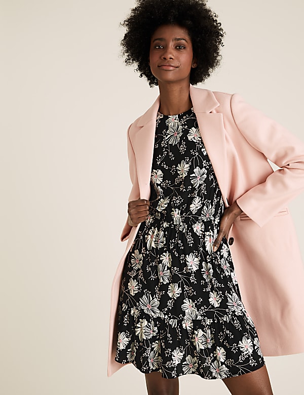 Floral Round Neck Mini Waisted Dress