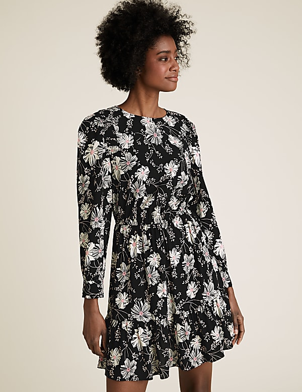 Floral Round Neck Mini Waisted Dress