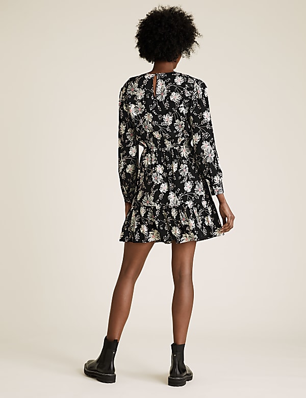 Floral Round Neck Mini Waisted Dress