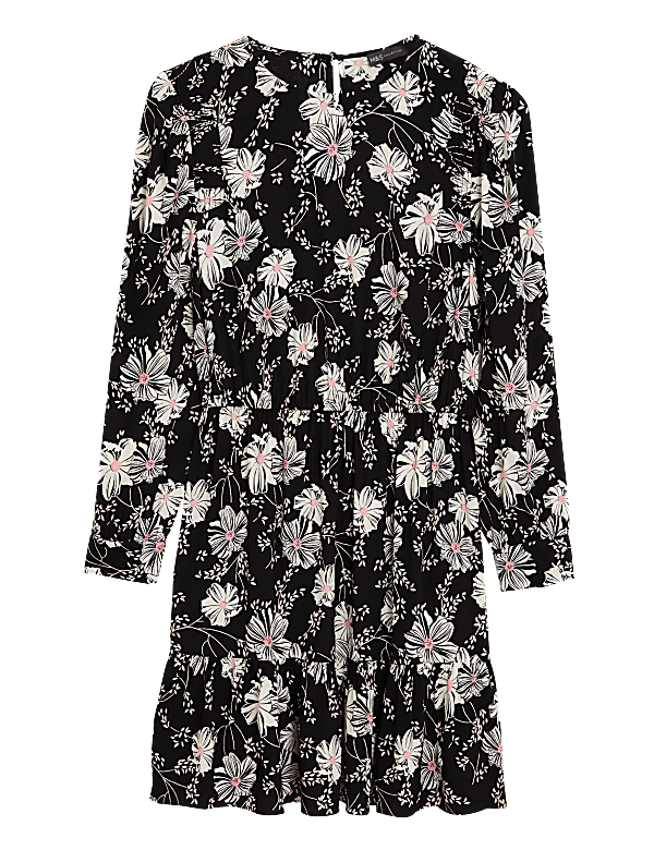 Floral Round Neck Mini Waisted Dress