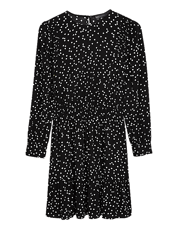 Heart Print Round Neck Mini Waisted Dress