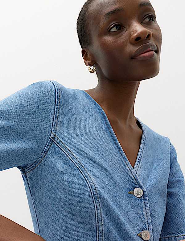 Denim V-Neck Button Through Mini Swing Dress - BN