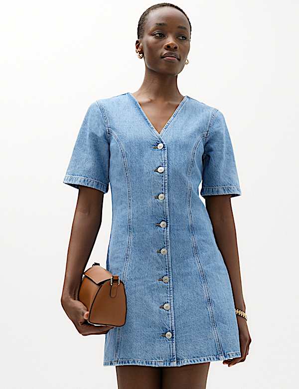 Denim V-Neck Button Through Mini Swing Dress - BN