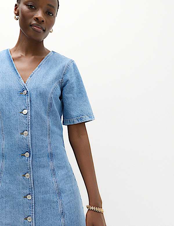 Denim V-Neck Button Through Mini Swing Dress - BN
