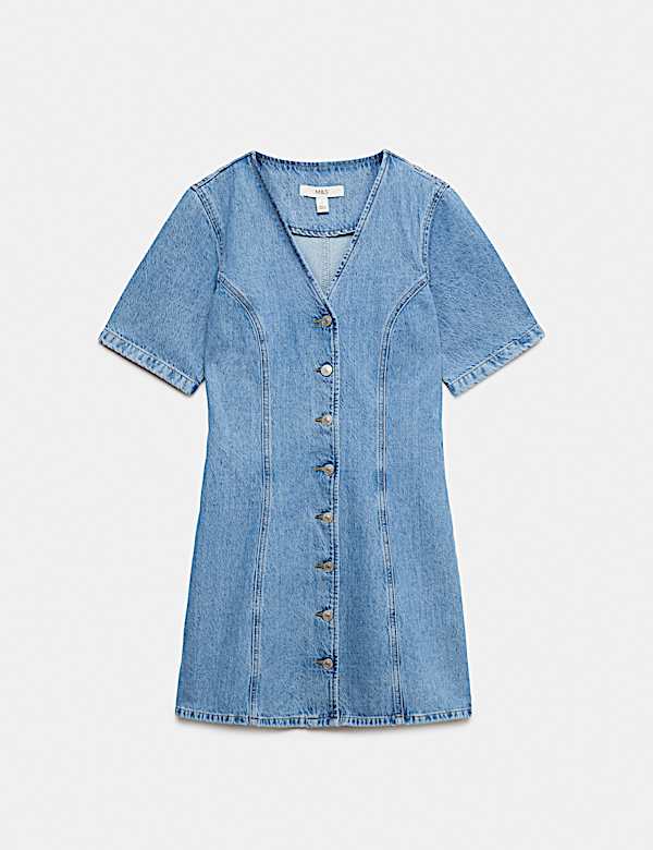 Denim V-Neck Button Through Mini Swing Dress - BN