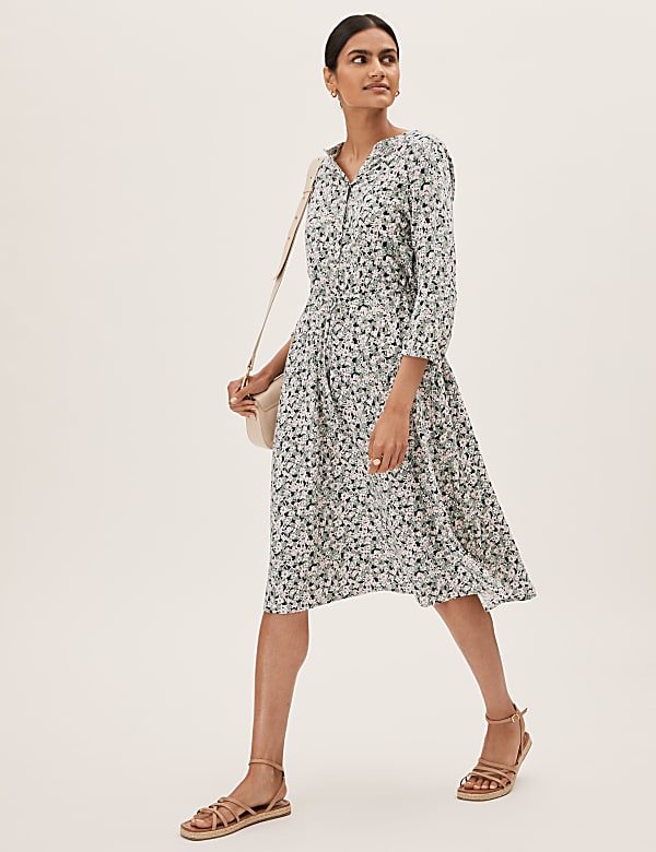 Pure Cotton Floral Midi Waisted Dress
