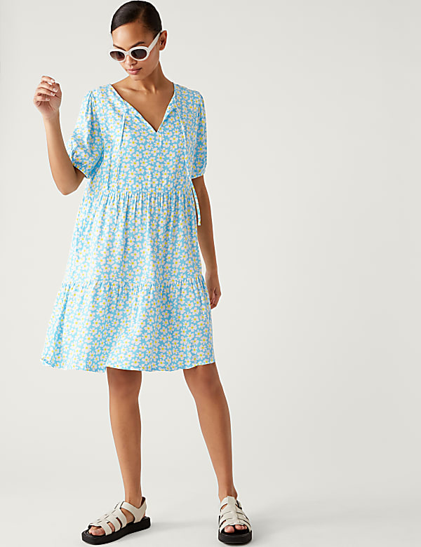 Printed Tie Neck Mini Tiered Dress