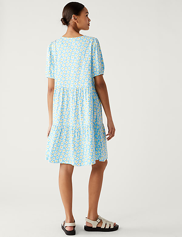 Printed Tie Neck Mini Tiered Dress