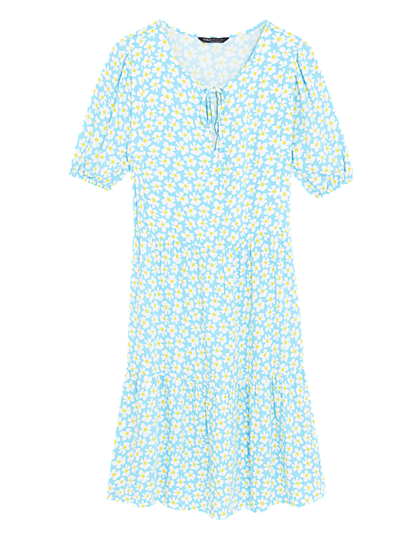 Printed Tie Neck Mini Tiered Dress