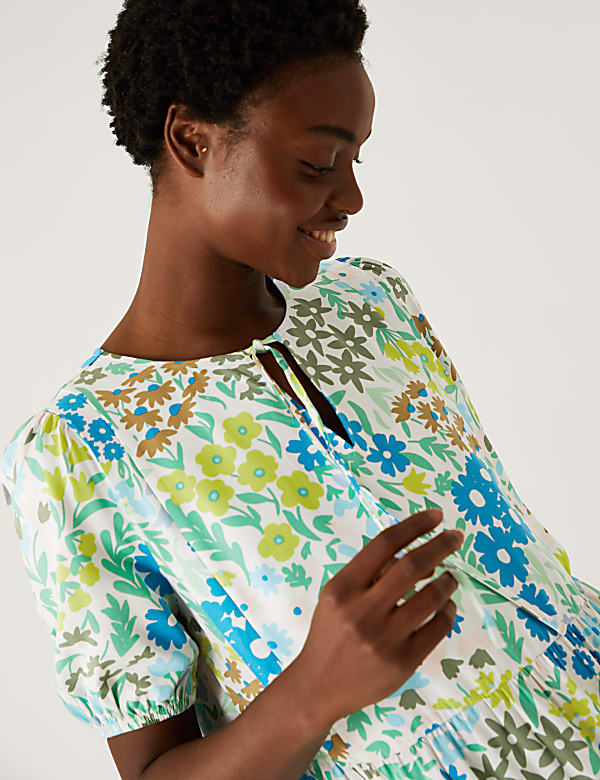 Printed Tie Neck Mini Tiered Dress