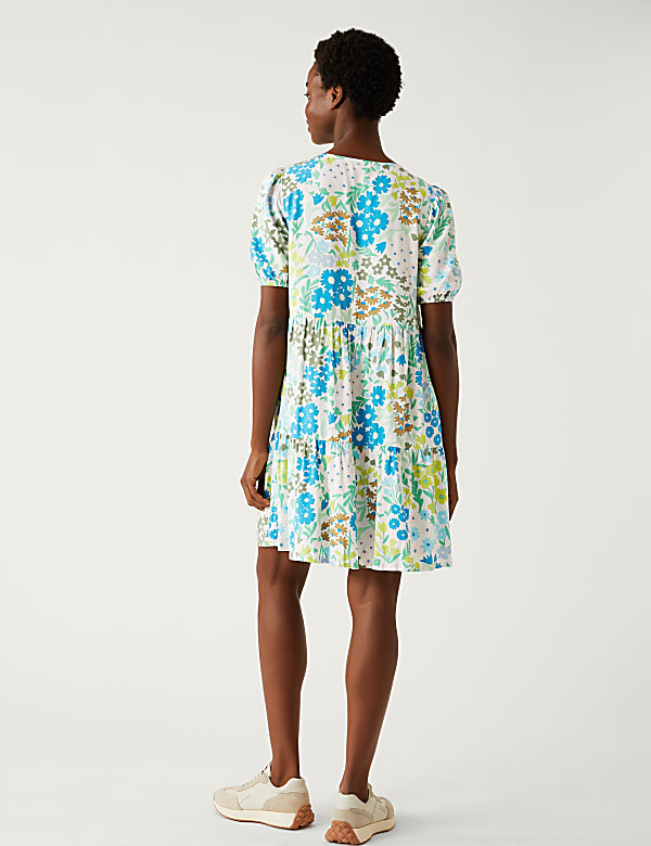 Printed Tie Neck Mini Tiered Dress