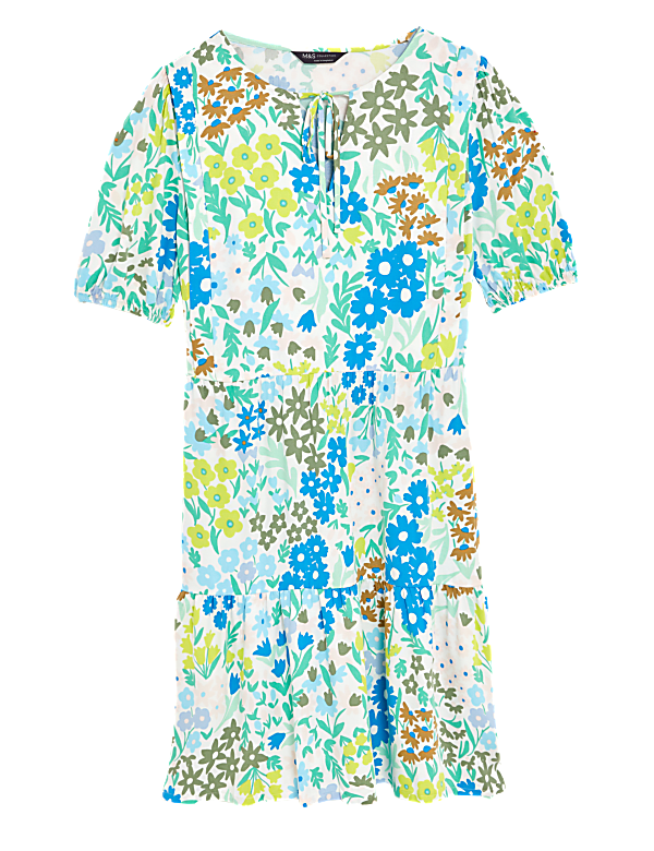 Printed Tie Neck Mini Tiered Dress
