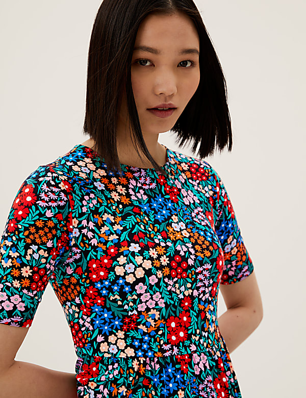 Jersey Ditsy Floral Midi Tiered Dress
