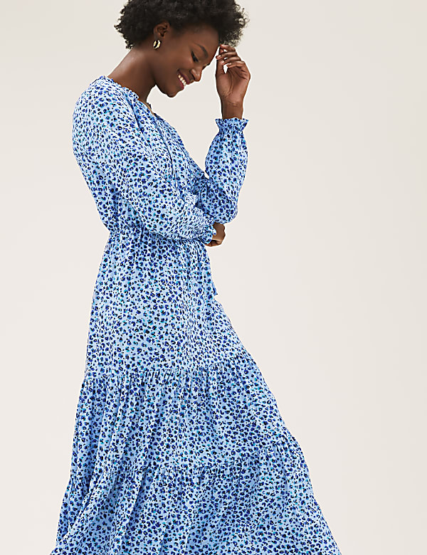 Animal Print Tie Neck Midi Waisted Dress