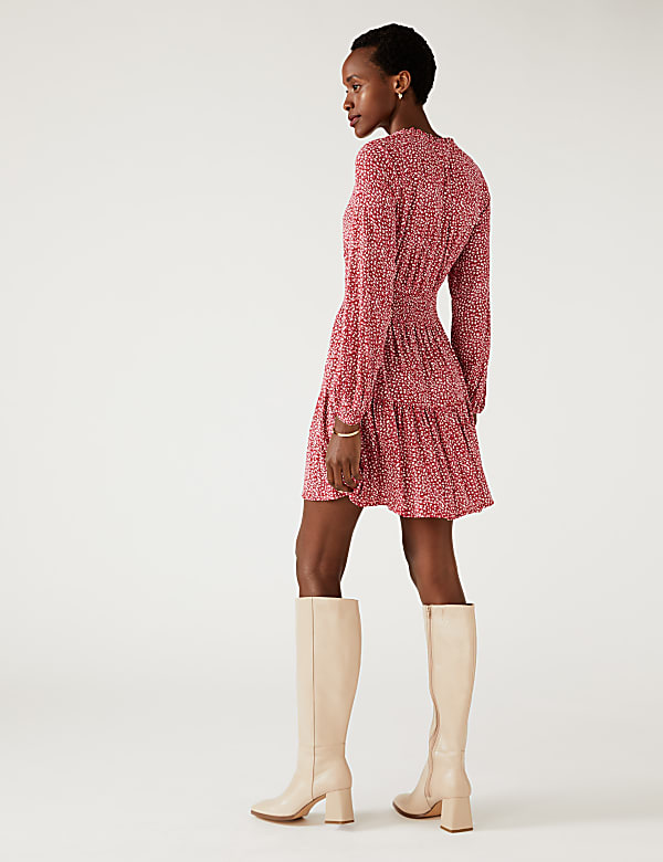 Printed V-Neck Mini Waisted Dress
