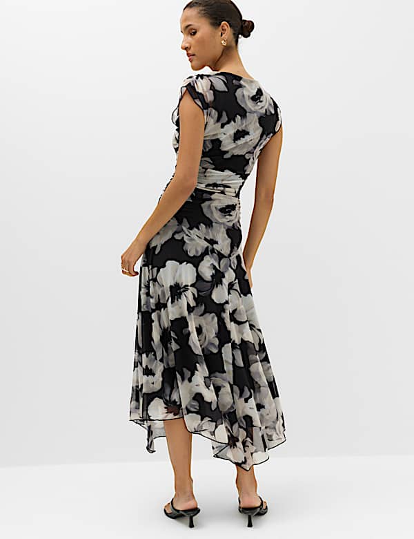 Mesh Floral Ruched Midi Waisted Dress - CZ