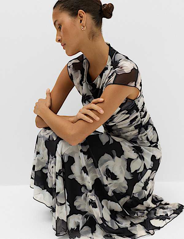 Mesh Floral Ruched Midi Waisted Dress - CZ