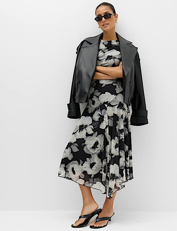 Mesh Floral Ruched Midi Waisted Dress - CZ
